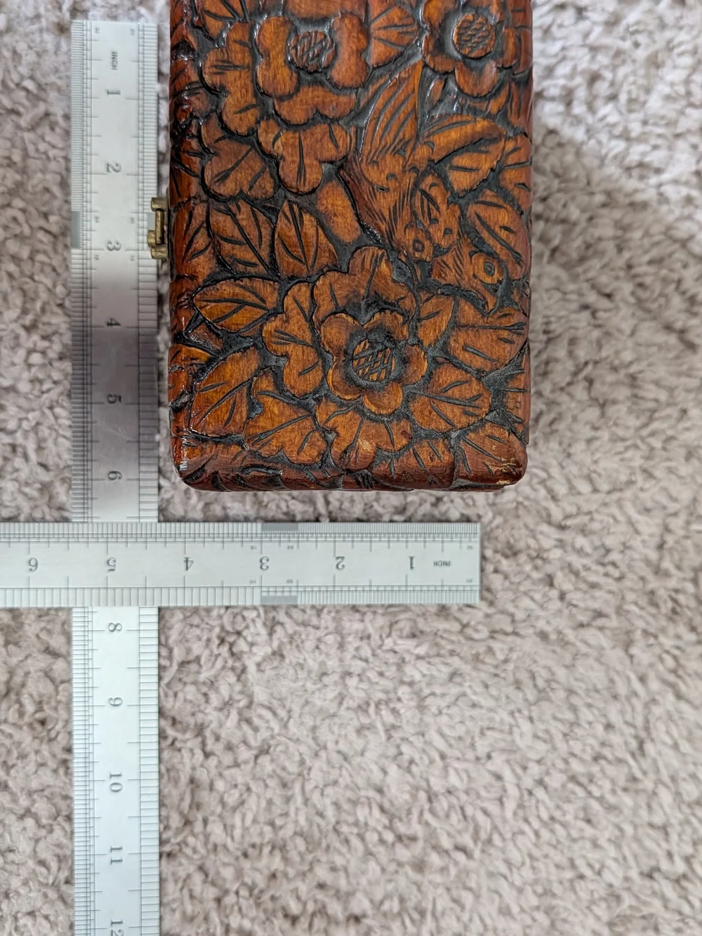 3 Vintage Hand Carved Brown Chinese Bird Camphor Wooden Floral Trinket Boxes